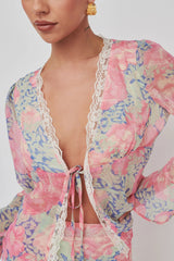 Sincerity Long Sleeve Tie Front Top Print Blue