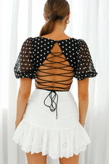 Petite Cherie Puff Sleeve Lace-Up Back Crop Top Floral Embroidered Black