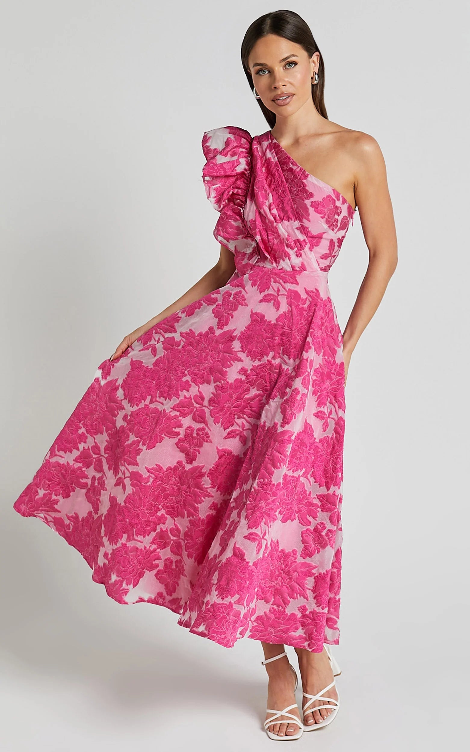 Alfreda Midi Dress One Shoulder Ruffle Detail Brailey Jacquard Dress in Pink