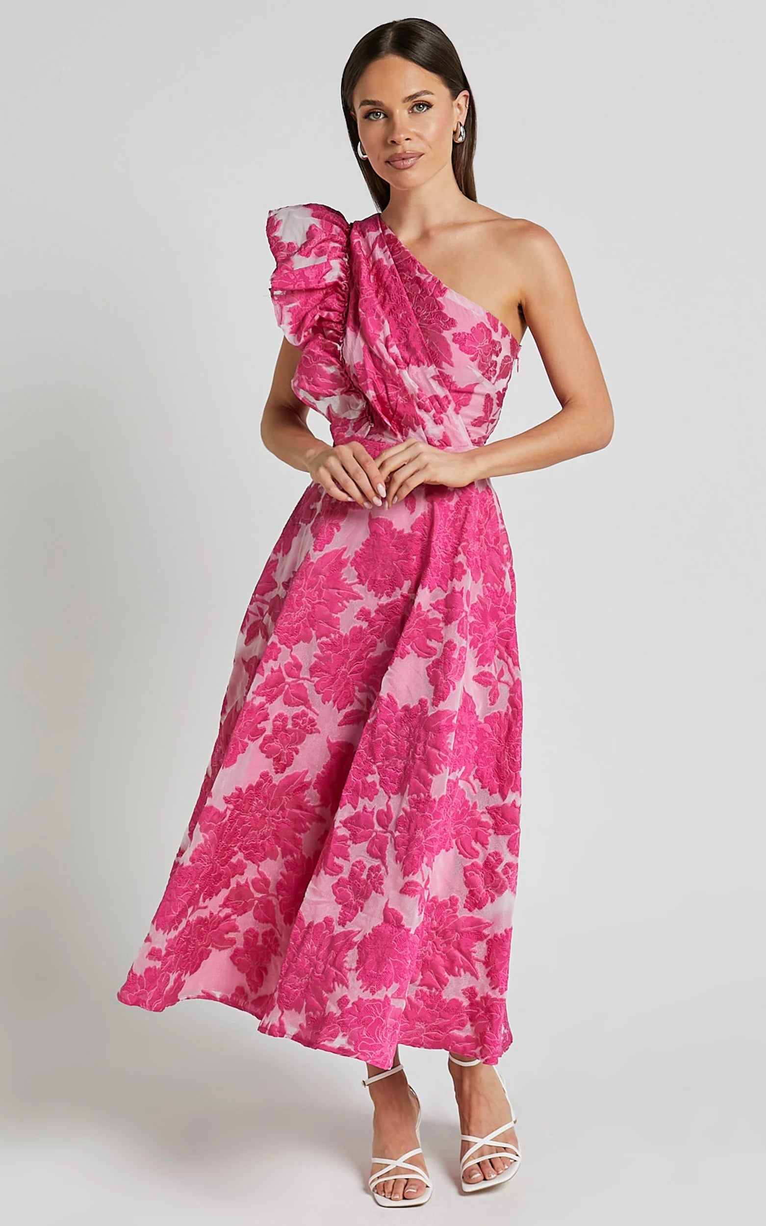 Alfreda Midi Dress One Shoulder Ruffle Detail Brailey Jacquard Dress in Pink
