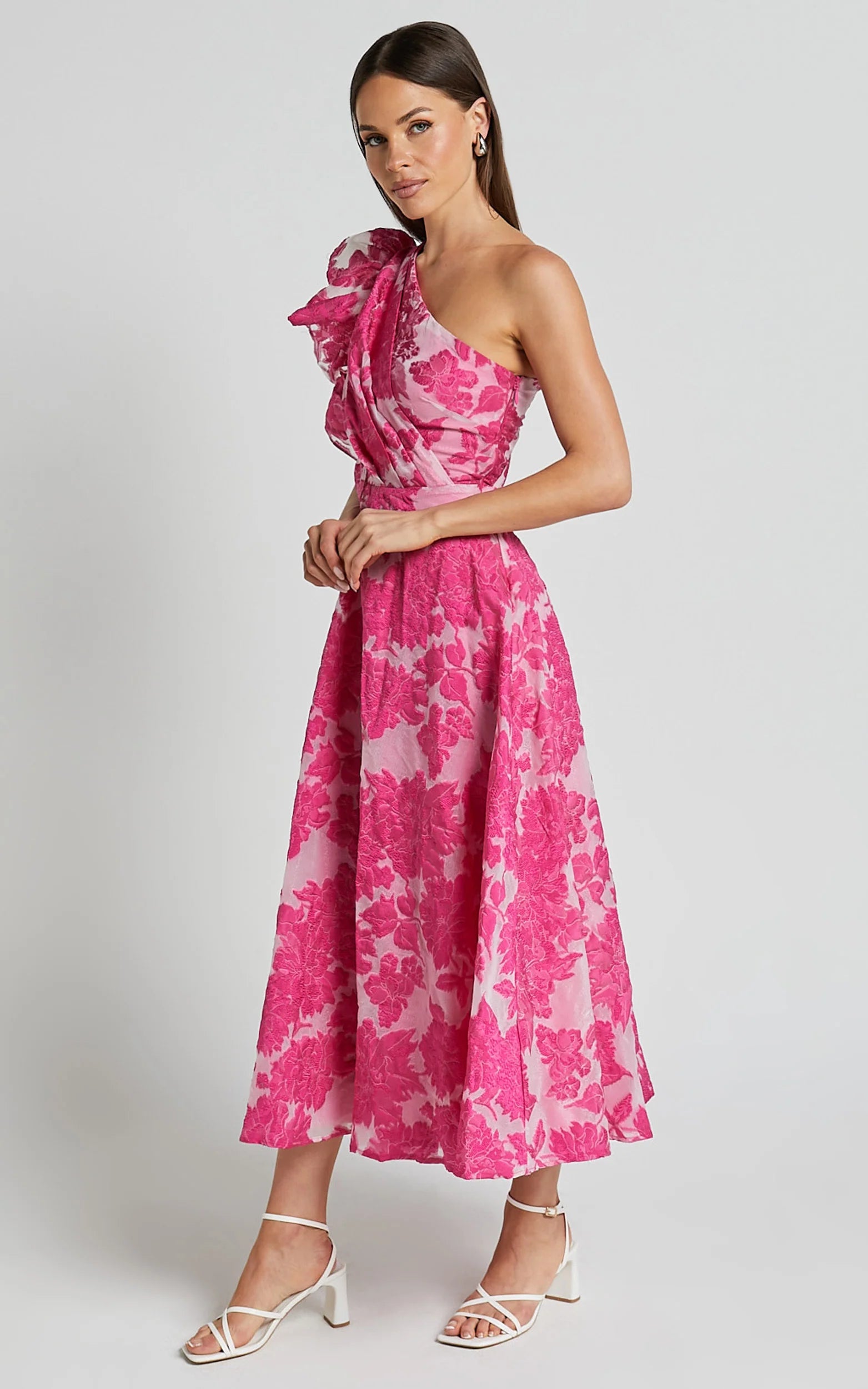 Alfreda Midi Dress One Shoulder Ruffle Detail Brailey Jacquard Dress in Pink