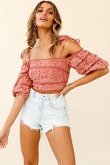 Shironda Off-Shoulder Puff Sleeve Tied-Strap Crop Top Rose