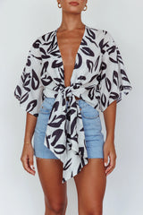 Rivera Deep-V Waist-Tie Top Leaves Black