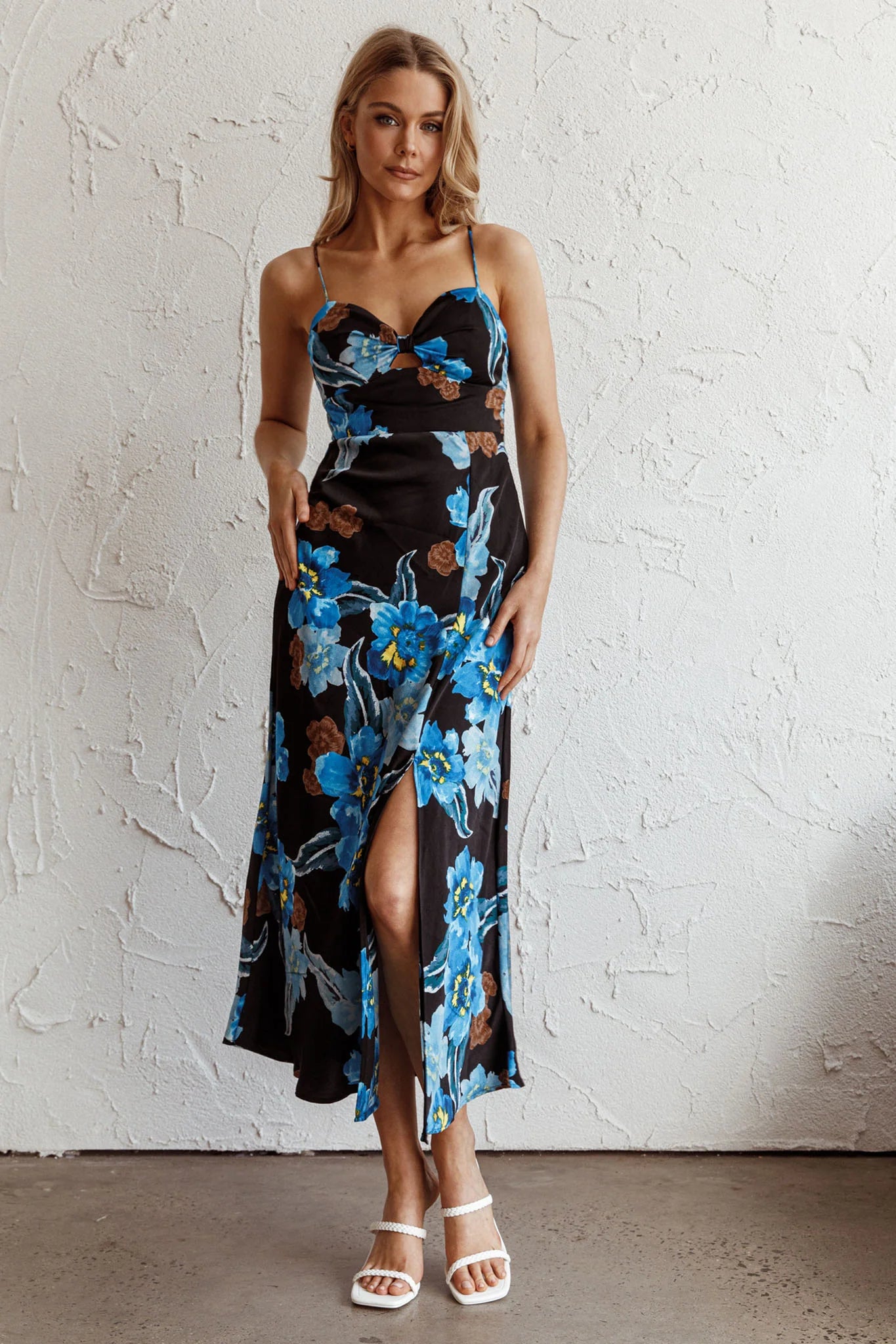 Missoula Cami Strap Padded Bust Midi Dress Flower Blue