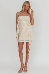 Standing Out Ruffle Rosette Trim Sequin Mini Dress Champagne
