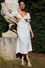 Fancy Free Puff Sleeve Midi Dress White