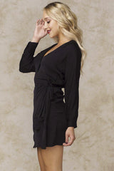 Raleigh Deep V Long Sleeve Wrap Dress Black