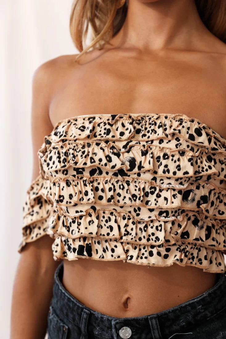 Tigerlily Tiered Frill Off-Shoulder Top Mocha Leopard