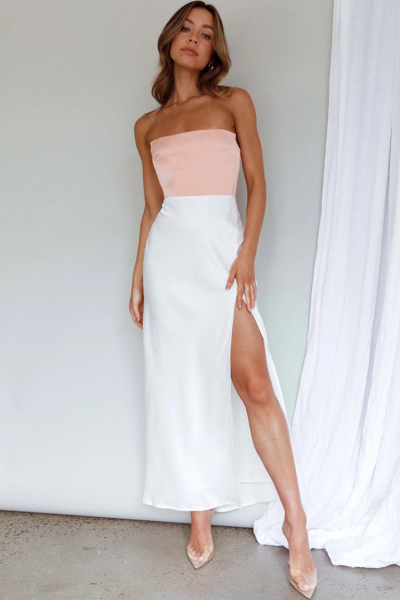 Everlee Strapless Split Midi Dress Peach