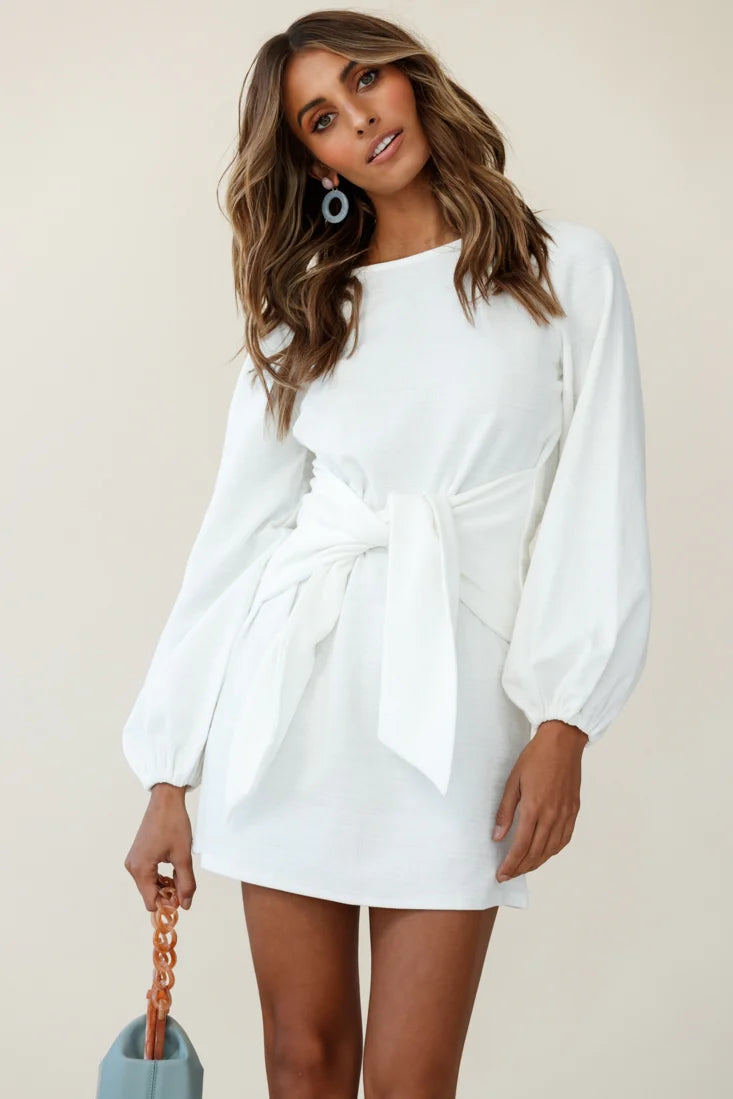 Rapt Waist Tie Balloon Sleeve Knit Dress White