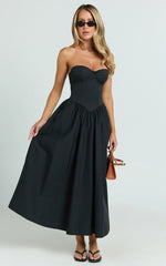 Daria Midi Dress Strapless Corset Gathered Dress in Black