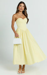 Daria Midi Dress Strapless Corset Gathered Dress in Lemon