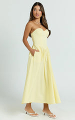 Daria Midi Dress Strapless Corset Gathered Dress in Lemon