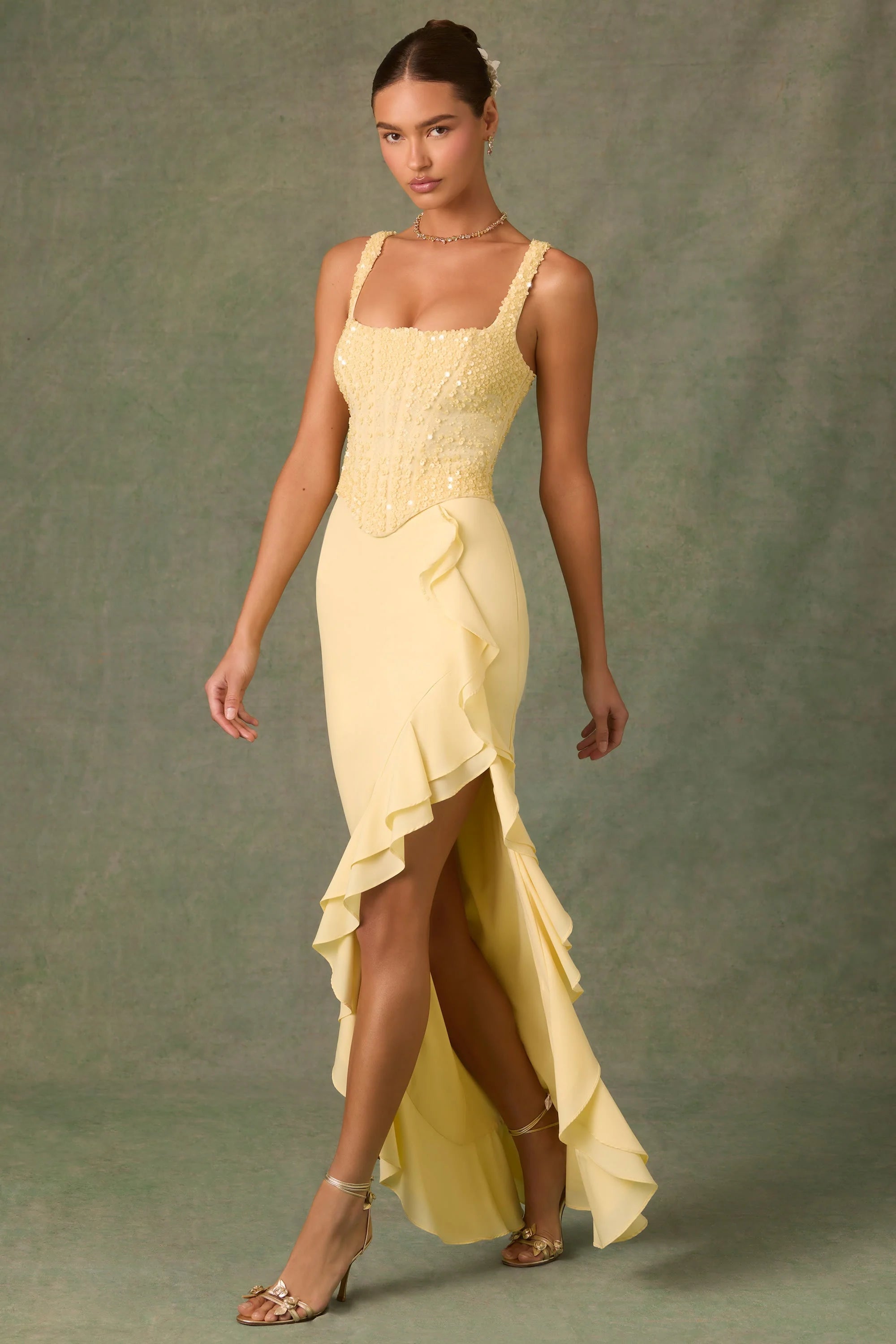 Embellished Ruffle-Trim Corset Gown in Yellow