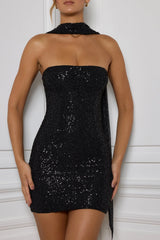 Embellished Scarf-Detail Mini Dress in Black