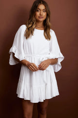 Joni Batwing Sleeve Waist Tie Dress Ruffle White