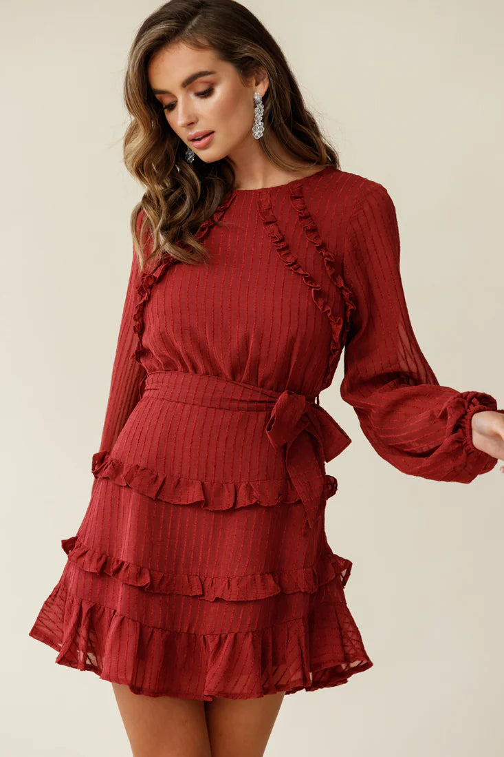 Dusk Long Sleeve Waist Tie Frill Dress Thin Stripe Wine