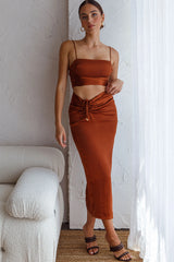 Desert Skies Ruched Drawstring Satin Midi Skirt Chocolate