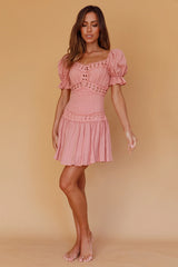 Elowen Lace Trim Puff Sleeve Mini Dress Blush