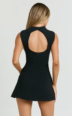 Langley Mini Dress Sleeveless High Neck Faux Wrap Tulip Dress in Black
