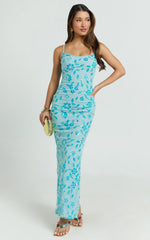 Robbie Maxi Dress Strappy Scoop Neck Column Fitted Sequin Mesh Dress in Blue