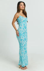Robbie Maxi Dress Strappy Scoop Neck Column Fitted Sequin Mesh Dress in Blue