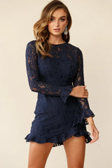 Tilly Lace Overlay Ruffle Trimmed Back Dress Navy